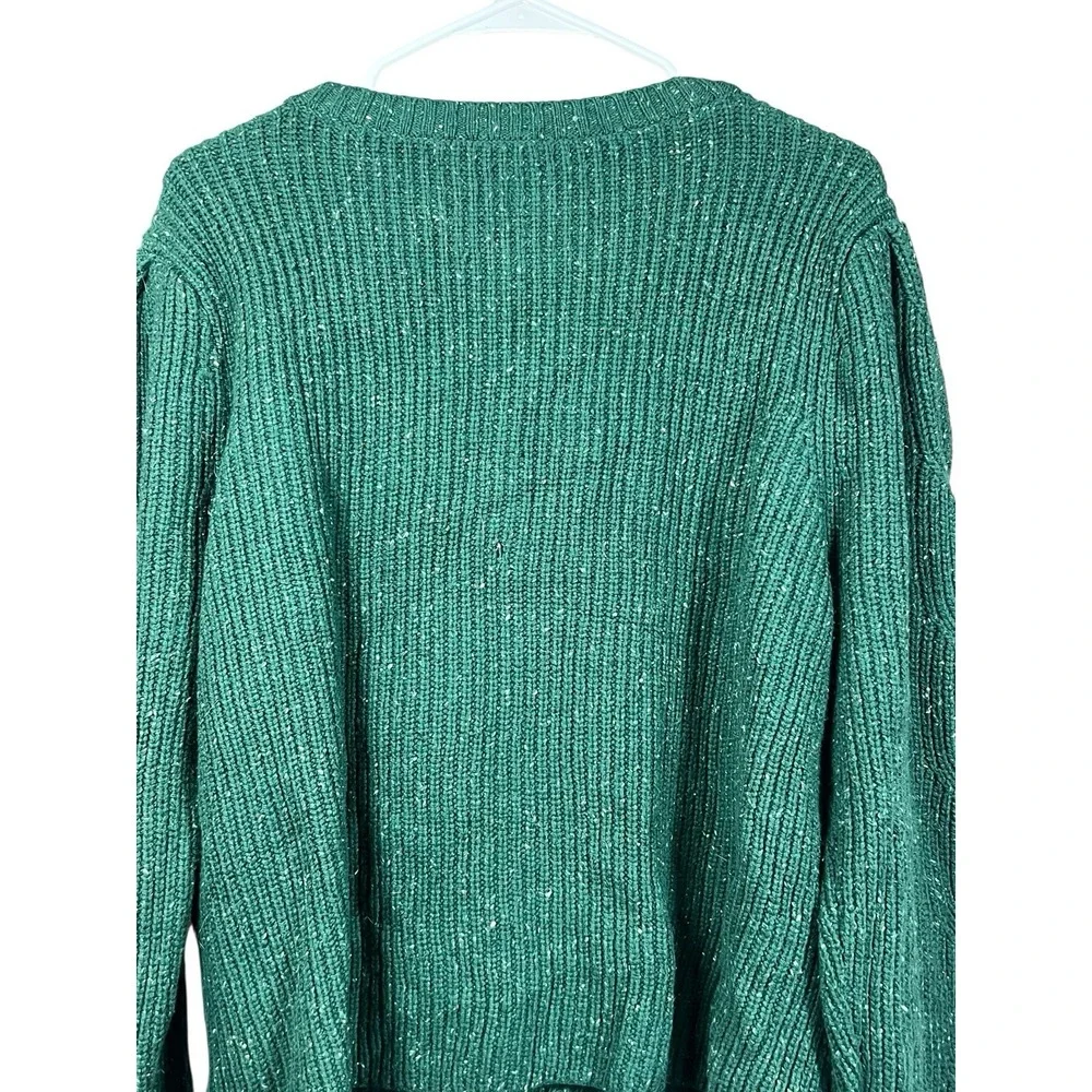 Talbots XL Green Tweed‎ Puff Sleeve Cable Knit Button Cardigan Speckled Sweater - Picture 9 of 10